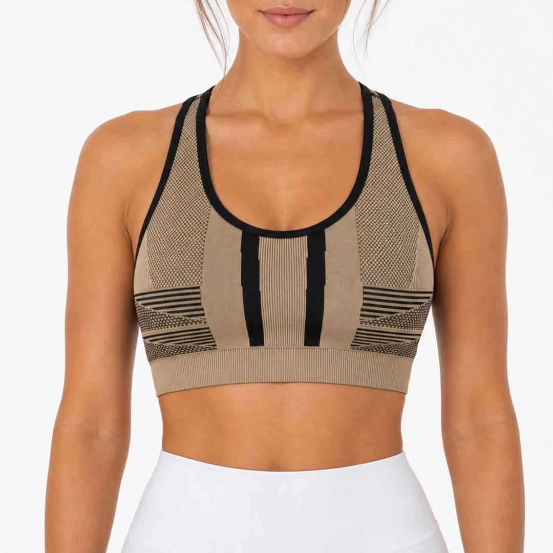 DSG Womens Seamless Racerback Sports Bra Tan Black Geometric Size M