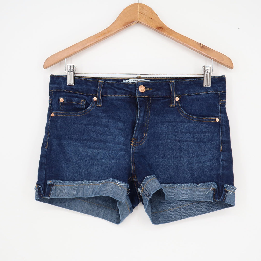 Celebrity Pink Dark Wash Cuffed Raw Hem Denim Shorts Blue Size 7/28