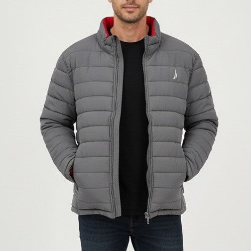 Nautica Puffer Jacket Gray Red Lined Full Zip Lightweight Mens Size L