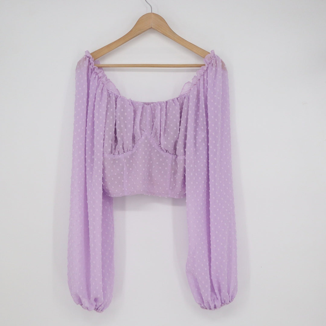SHEIN Lavender Swiss Dot Bustier Crop Top Long Puff Sleeve Smocked Back Size L