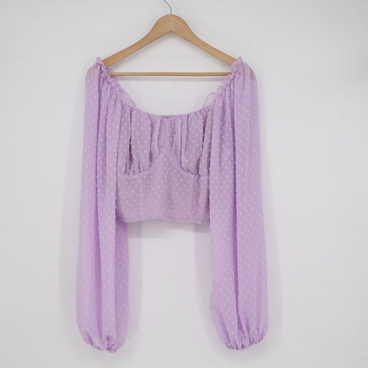 SHEIN Lavender Swiss Dot Bustier Crop Top Long Puff Sleeve Smocked Back Size L