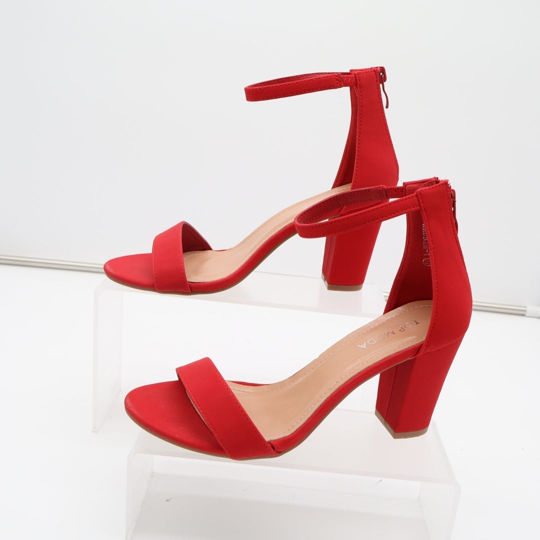 Top Moda Hannah-1 Fashion Womens 7.5 Red Ankle Strap Block High Heel Sandals