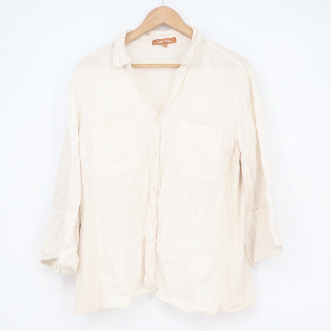 Ellen Tracy Womens XL Cream Linen Blend Roll Tab Button Down Shirt Mixed Media