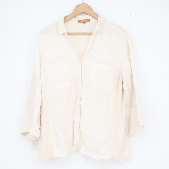 Ellen Tracy Womens XL Cream Linen Blend Roll Tab Button Down Shirt Mixed Media