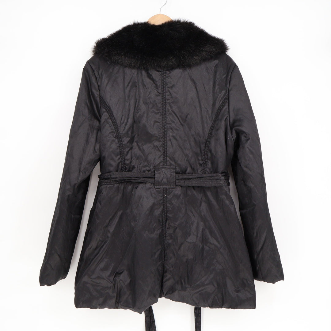 White House Black Market Black Faux Fur Collar Belted Jacket XL