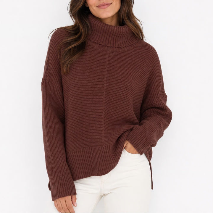Brown Oversized Ribbed Turtleneck Sweater High-Low Knit Pullover