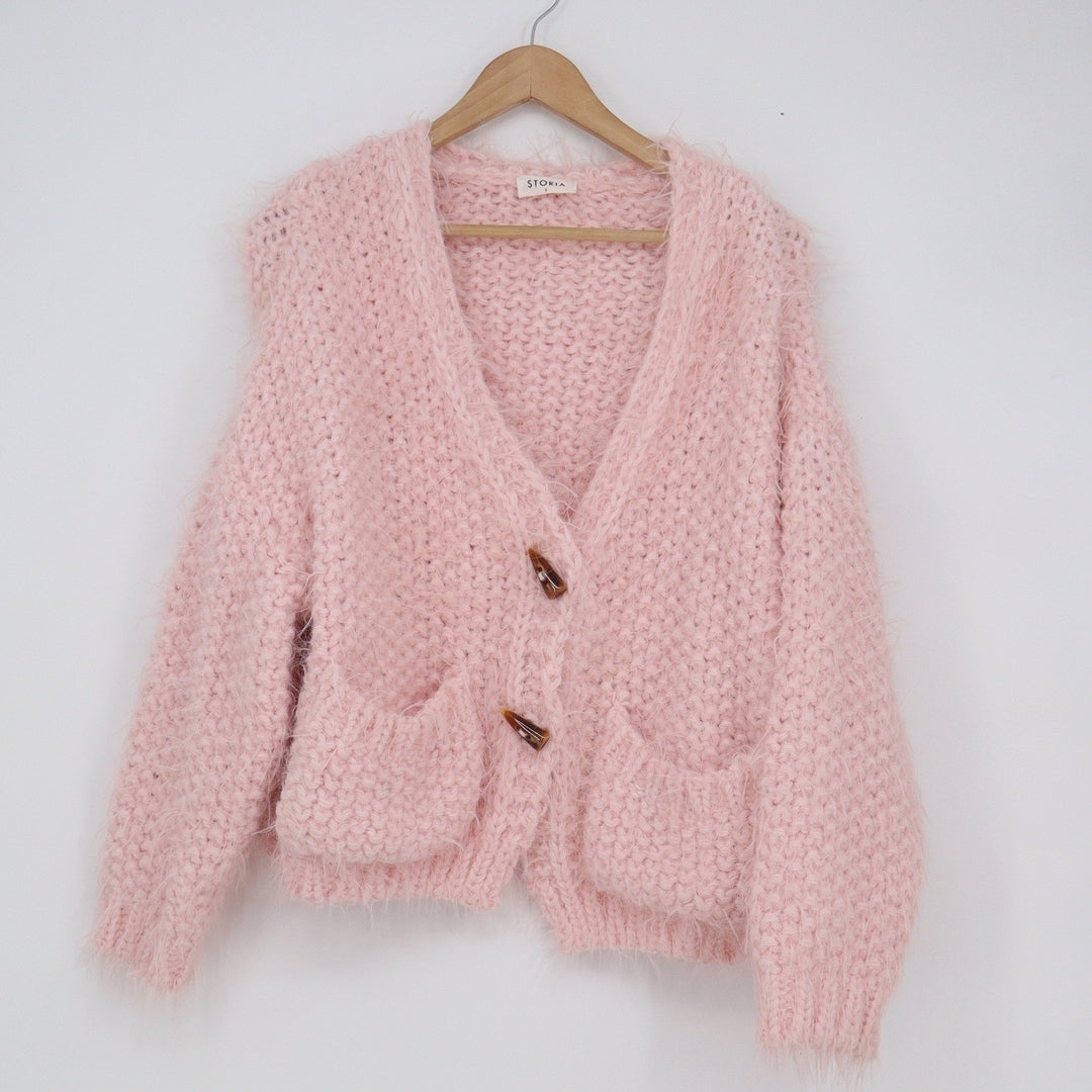 Storia Blush Pink Fuzzy Chunky Knit Toggle Cardigan Sweater