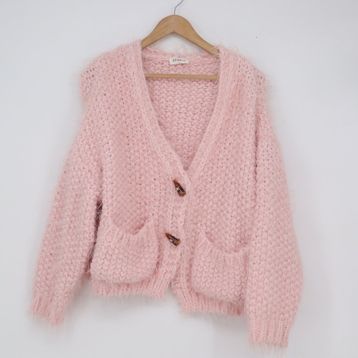 Storia Blush Pink Fuzzy Chunky Knit Toggle Cardigan Sweater