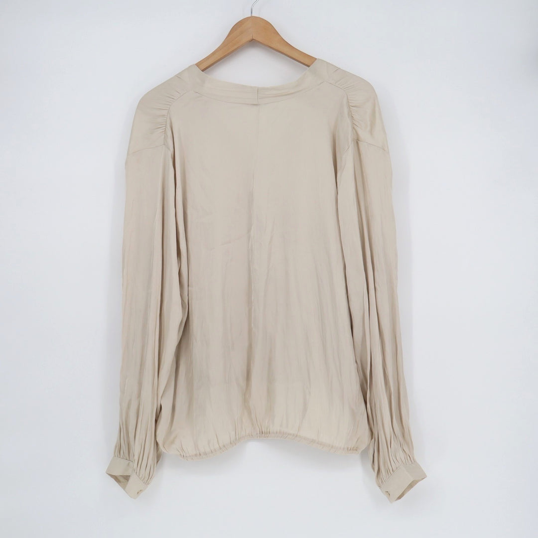 Old Navy Blouse Womens XL Beige Satin Pleated Long Sleeve Cross-Front V-Neck
