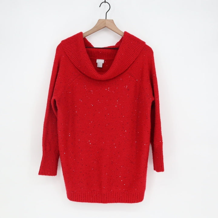 Chico's Sweater Womens Large Ruby Red Knit Sequin Cowl Neck Ribbed Cozy Outdoor