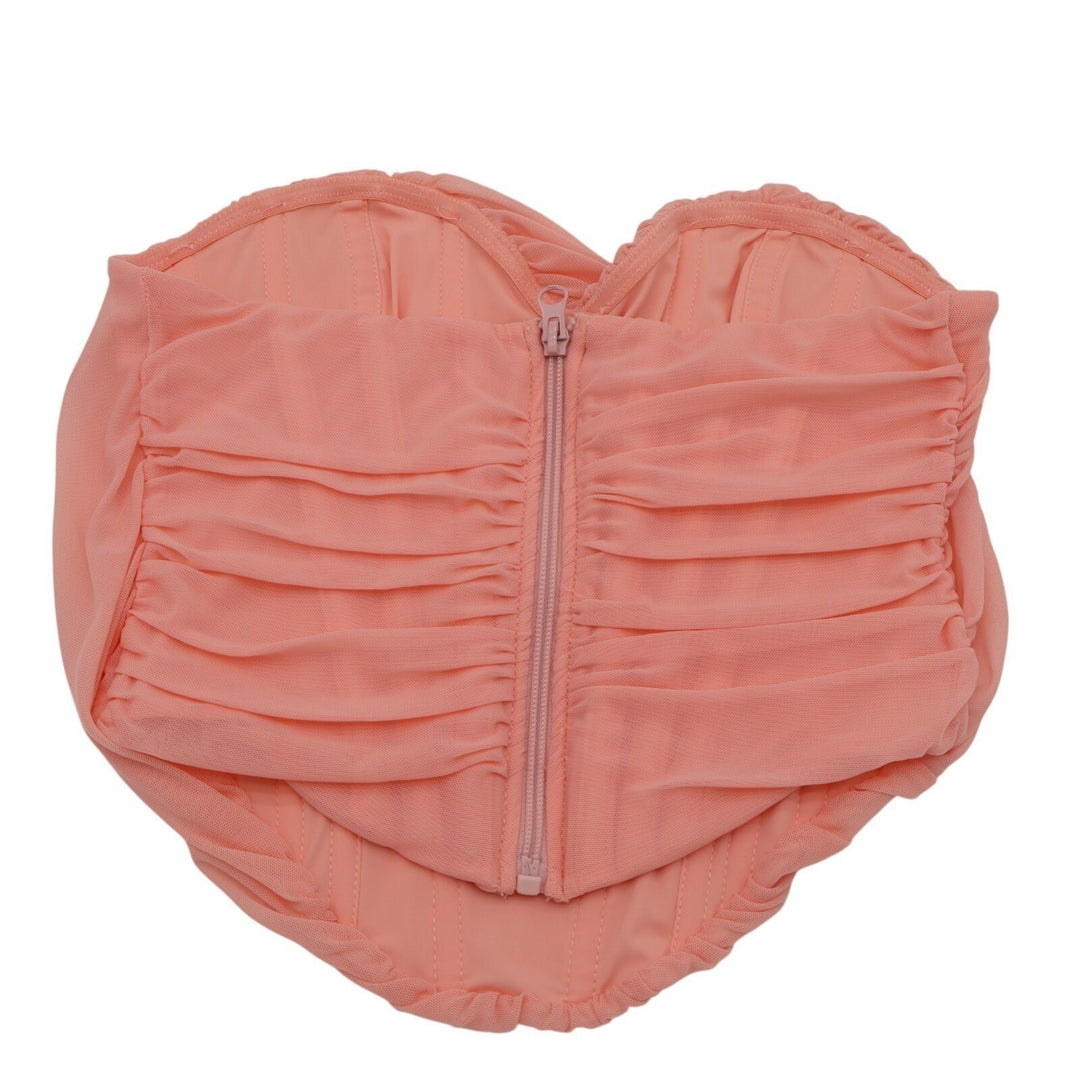 Women Mesh Corset Crop Top Medium Pink Stretch Curved Hemline Strapless Back Zip