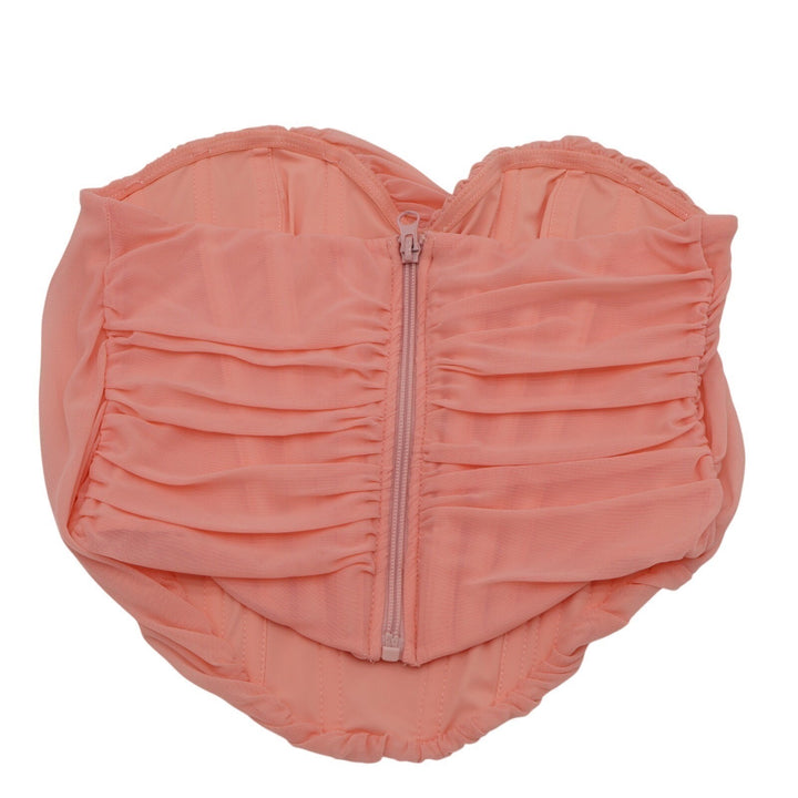 Women Mesh Corset Crop Top Medium Pink Stretch Curved Hemline Strapless Back Zip