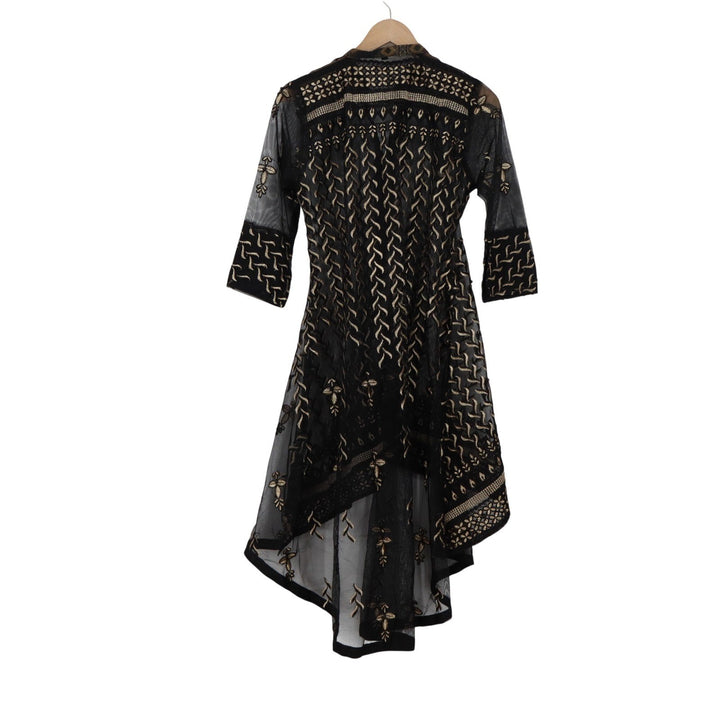 Black Gold Embroidered Mesh High Low Tunic Kurti Mandarin Collar Womens Medium