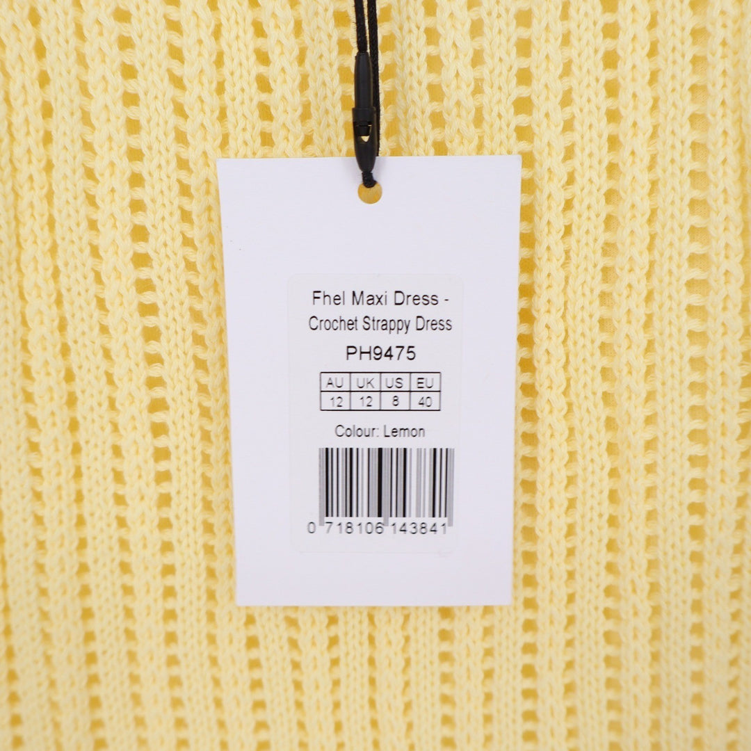 Showpo Fhel Maxi Dress Lemon Yellow Crochet Strappy Knit Sundress US 8 PH9475