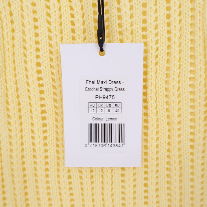 Showpo Fhel Maxi Dress Lemon Yellow Crochet Strappy Knit Sundress US 8 PH9475