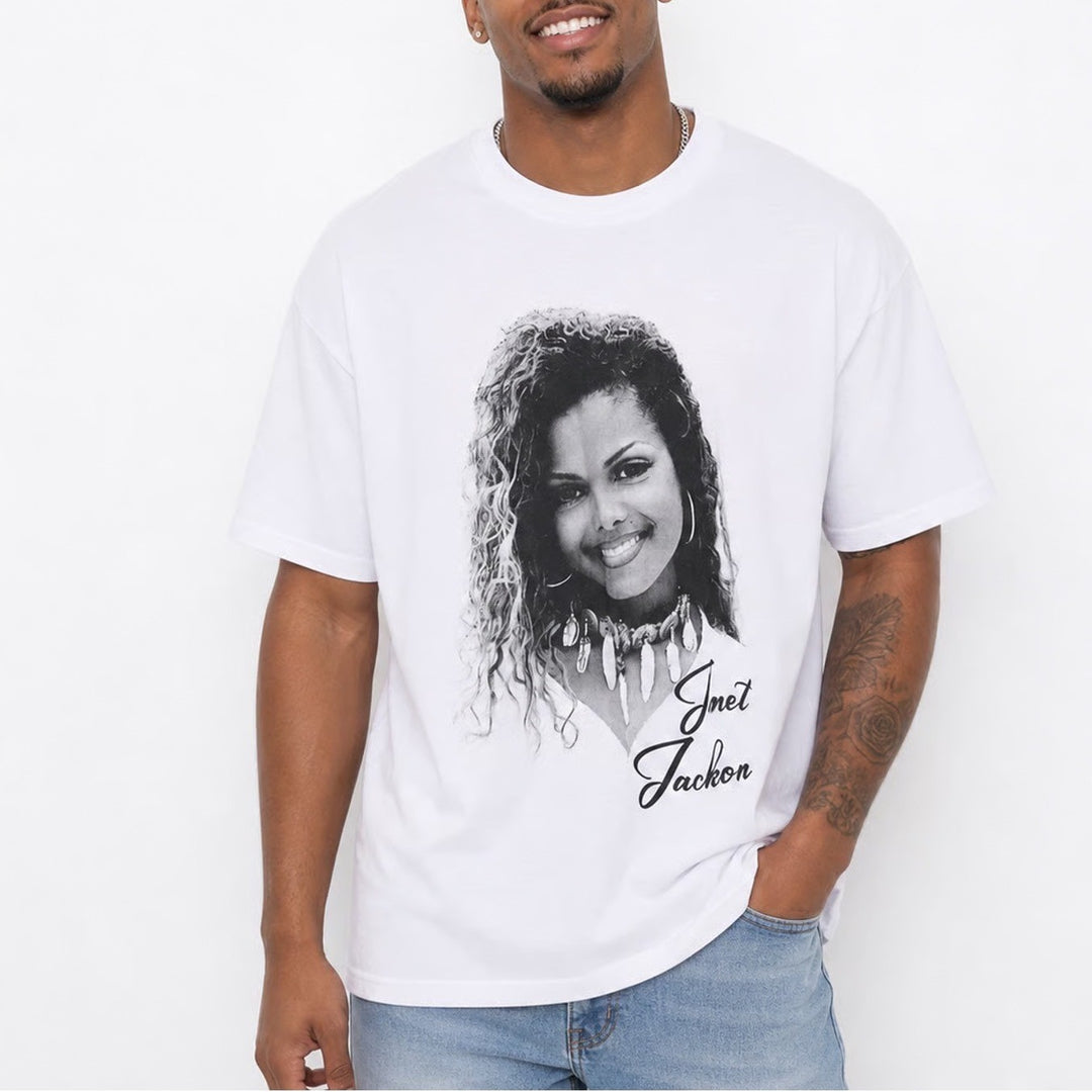 Janet Jackson Graphic T-Shirt White Cotton Made in USA Mens Large Portrait Tee