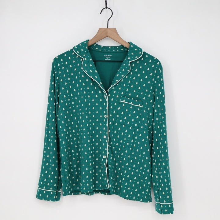 State Of Day Intimates Pajama Top Womens S Green Tree Print Stretch Notch Collar