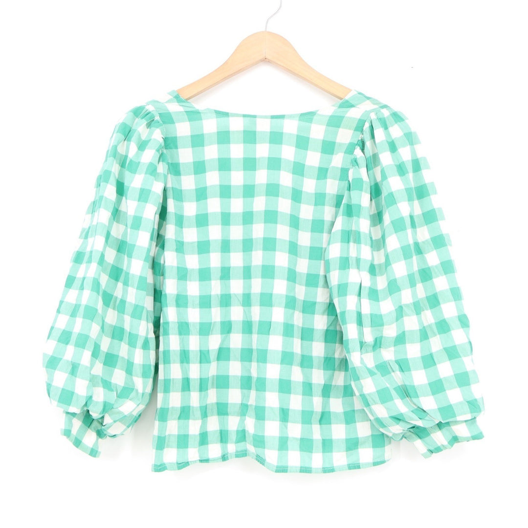 A New Day Green Gingham V-Neck Puff Sleeve Blouse Top S Mint White Check