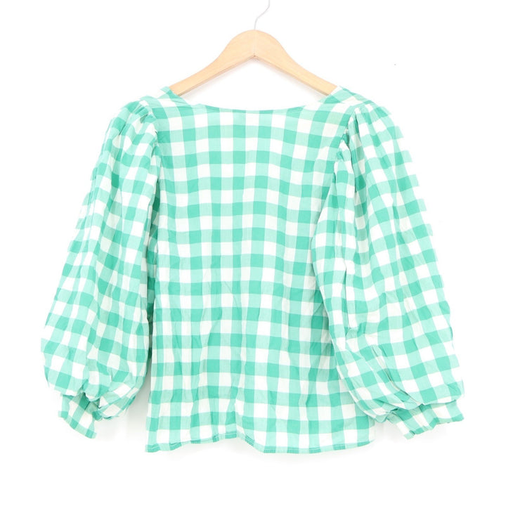 A New Day Green Gingham V-Neck Puff Sleeve Blouse Top S Mint White Check