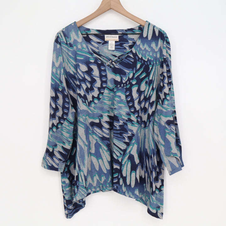Alfred Dunner Top Womens 2X Blue Butterfly Wing Studded V-Neck Excellent