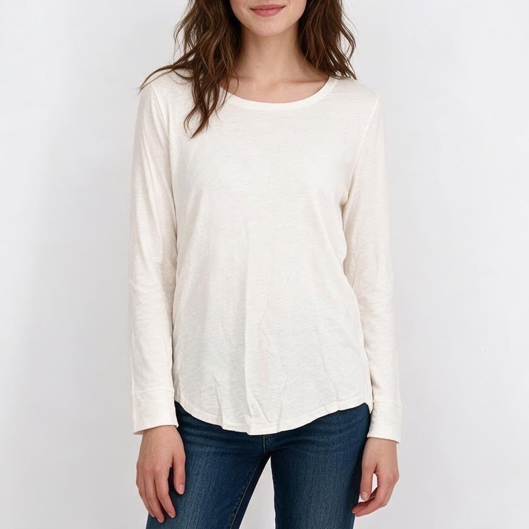 Ann Taylor Loft Womens White 100% Cotton Slub Long Sleeve Scoop Neck Tee Size L