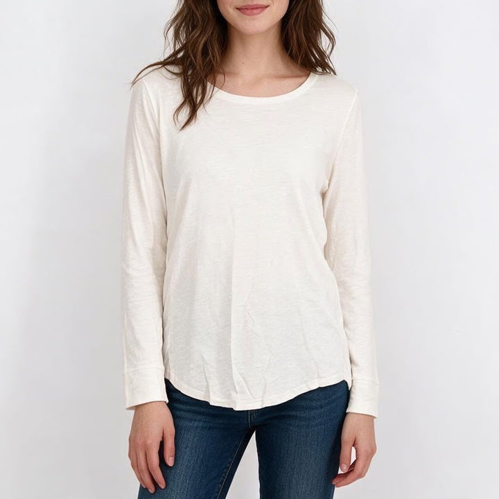 Ann Taylor Loft Womens White 100% Cotton Slub Long Sleeve Scoop Neck Tee Size L