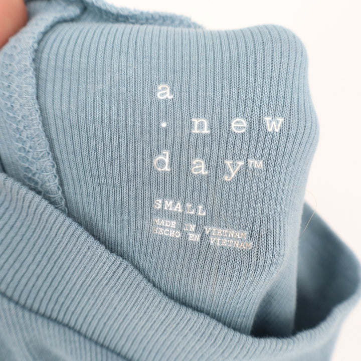 A New Day T Shirt Women Small Blue Cotton Stretch Ribbed Mock Neck Short Sleeve