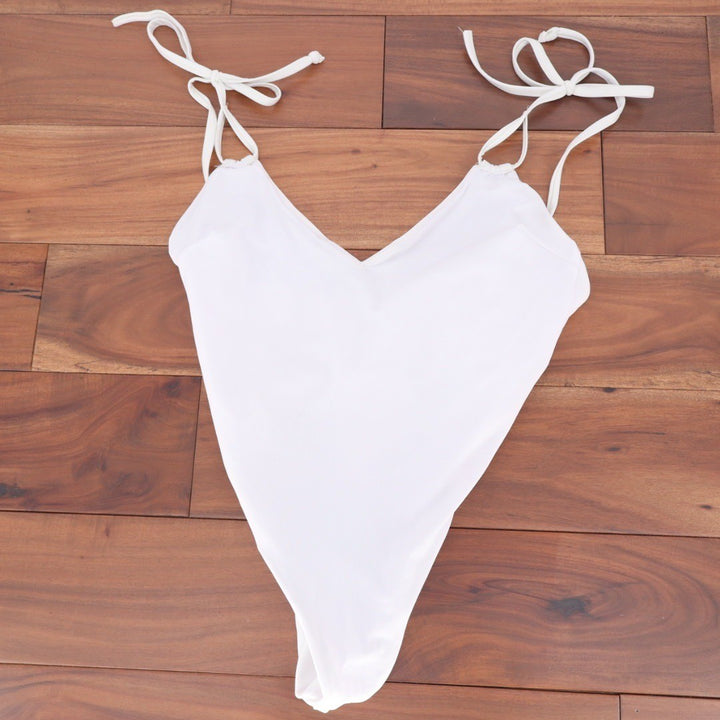 ASOS DESIGN White V Neck String Tie High Cut One Piece Swimsuit Bathing Suit