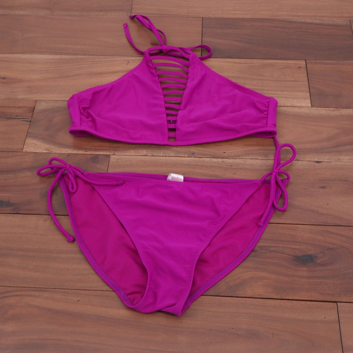 No Boundaries Orchid Burst Pink High Neck Ladder Cutout Bikini Set L
