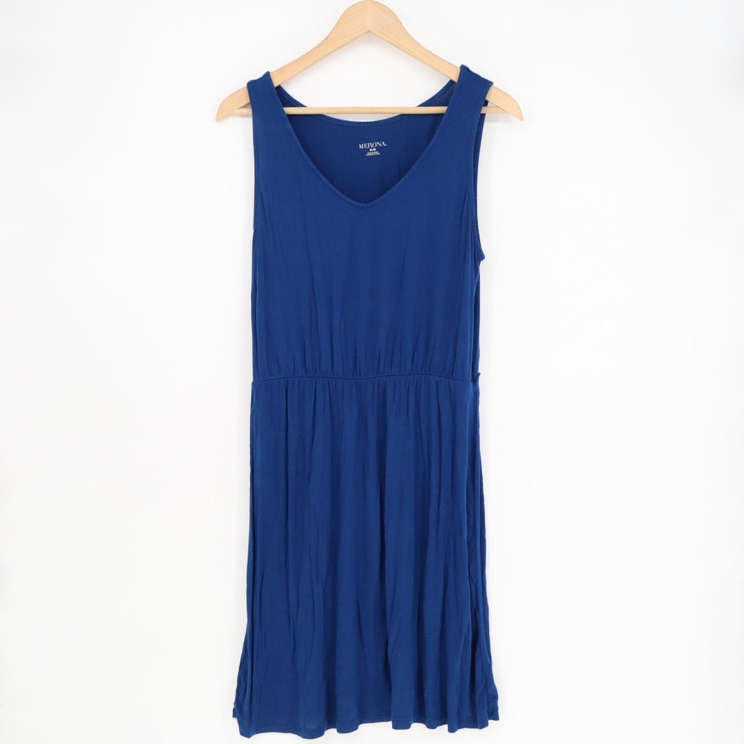 Merona Fit & Flare Dress Womens Medium Royal Blue Rayon Stretch Pleated V Neck