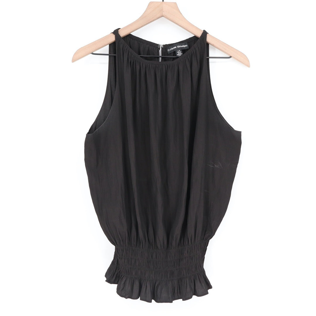 Catherine Malandrino Womens Black Smocked Waist Ruffle Hem Sleeveless Blouse L
