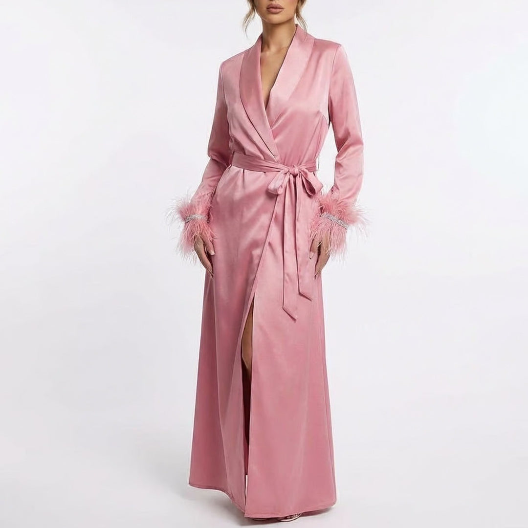 Naked Wardrobe Blush Pink Satin Feather Cuff Maxi Robe Duster M