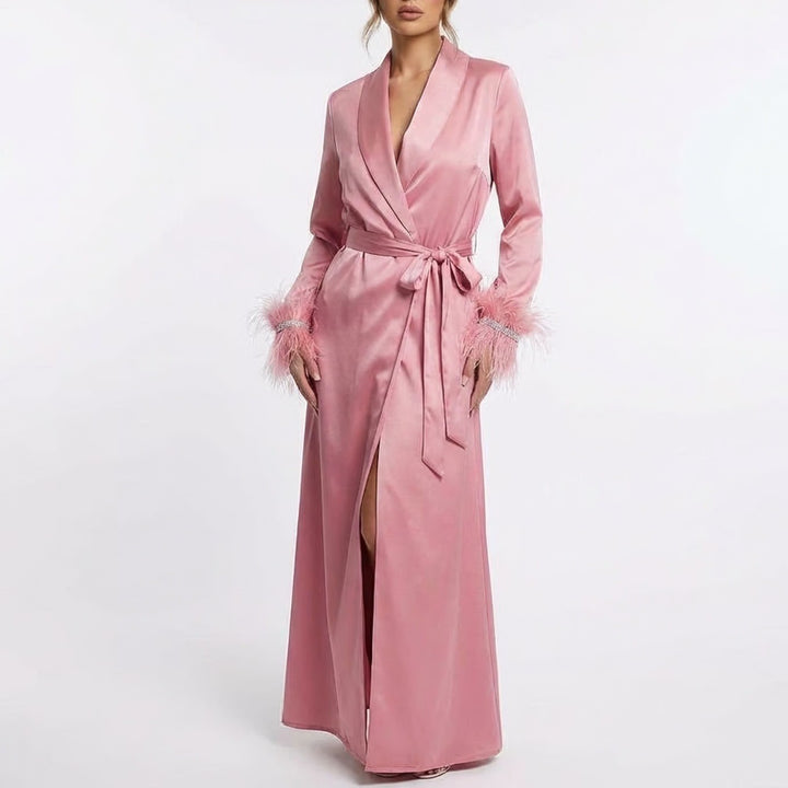 Naked Wardrobe Blush Pink Satin Feather Cuff Maxi Robe Duster M