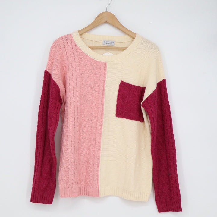 Small Town Sisters Boutique Colorblock Cable Knit Sweater Cream Pink Burgundy S
