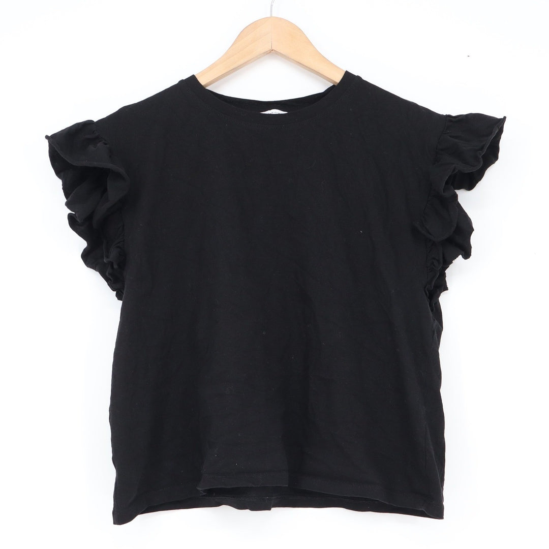 Zara Black Ruffle Sleeve Knit Top Crew Neck Flutter Cap Sleeve Tee
