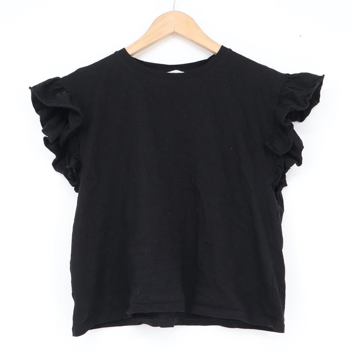 Zara Black Ruffle Sleeve Knit Top Crew Neck Flutter Cap Sleeve Tee