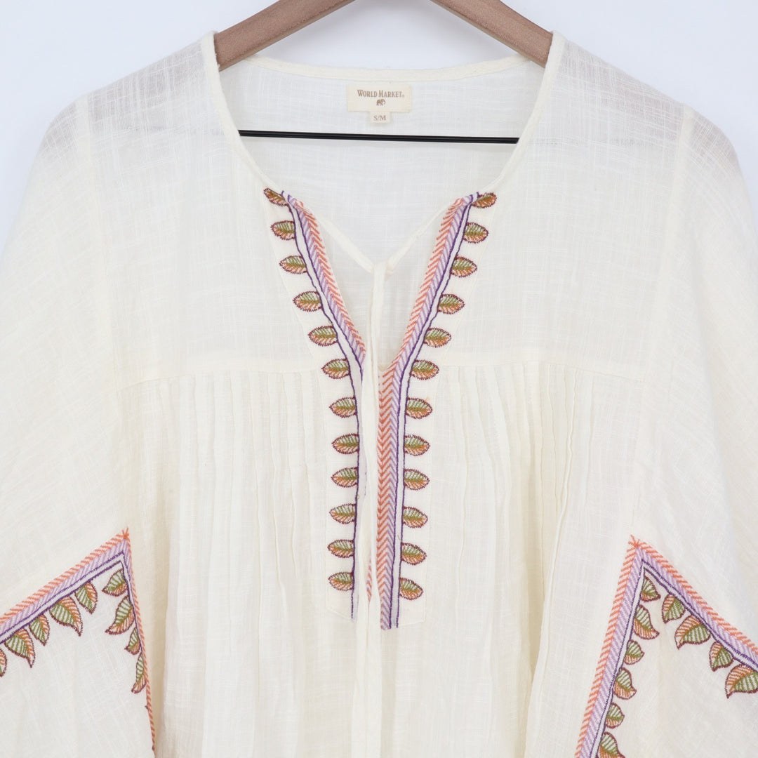 World Market Tunic Top Womens S/M White Floral Cotton Dolman Sleeve Split Neck