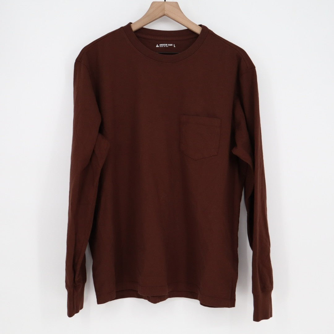 American Giant T-Shirt Men Large Brown Cotton Crew Neck Front Pocket Long Sleeve