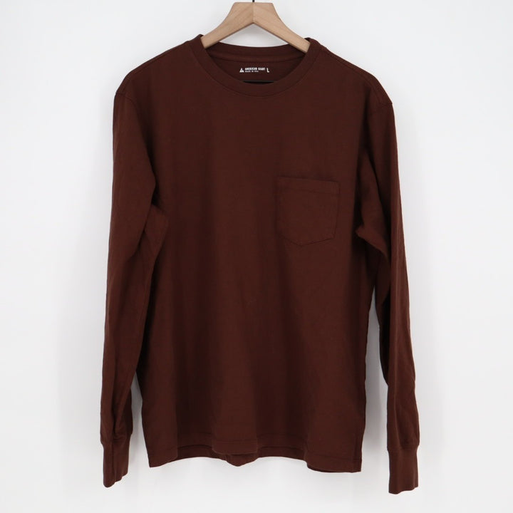 American Giant T-Shirt Men Large Brown Cotton Crew Neck Front Pocket Long Sleeve