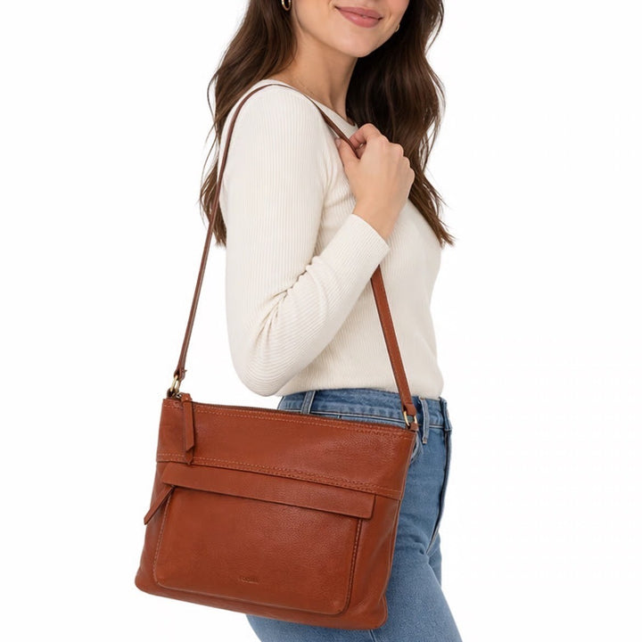 Fossil Aida Womens Handbag Brown Pebbled Leather Adjustable Strap Crossbody Bag