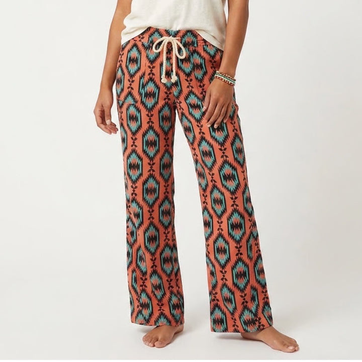 Orange Southwestern Diamond Print Lounge Pants Elastic Drawstring Waist O/S