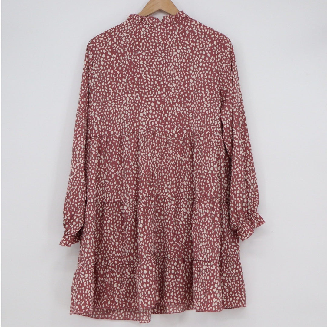Unbranded Dalmatian Dot Tiered Babydoll Mini Dress Dusty Rose Long Sleeve L