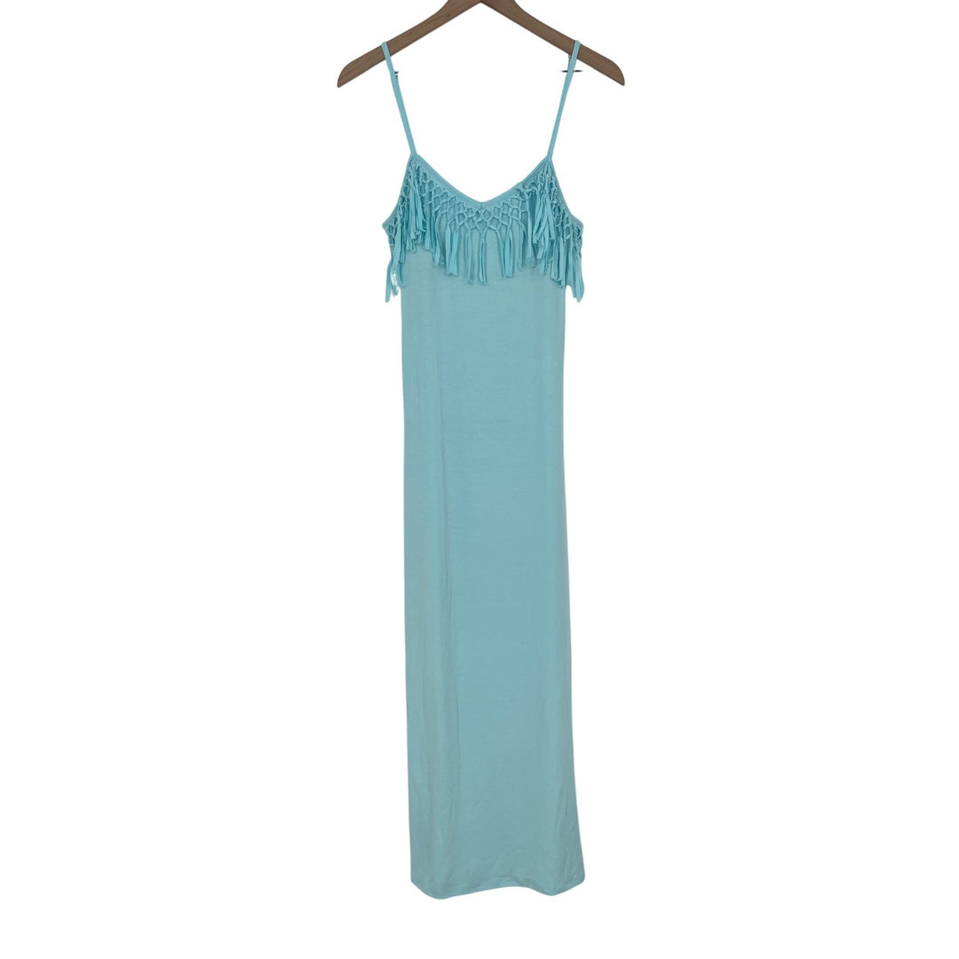 Bonsai California Maxi Dress Boho Fringe Spaghetti Strap Turquoise Blue Size L