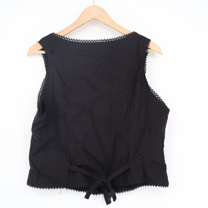 Monteau Los Angeles Black Linen Blend Lace Trim Button Front Tie Back Top XL