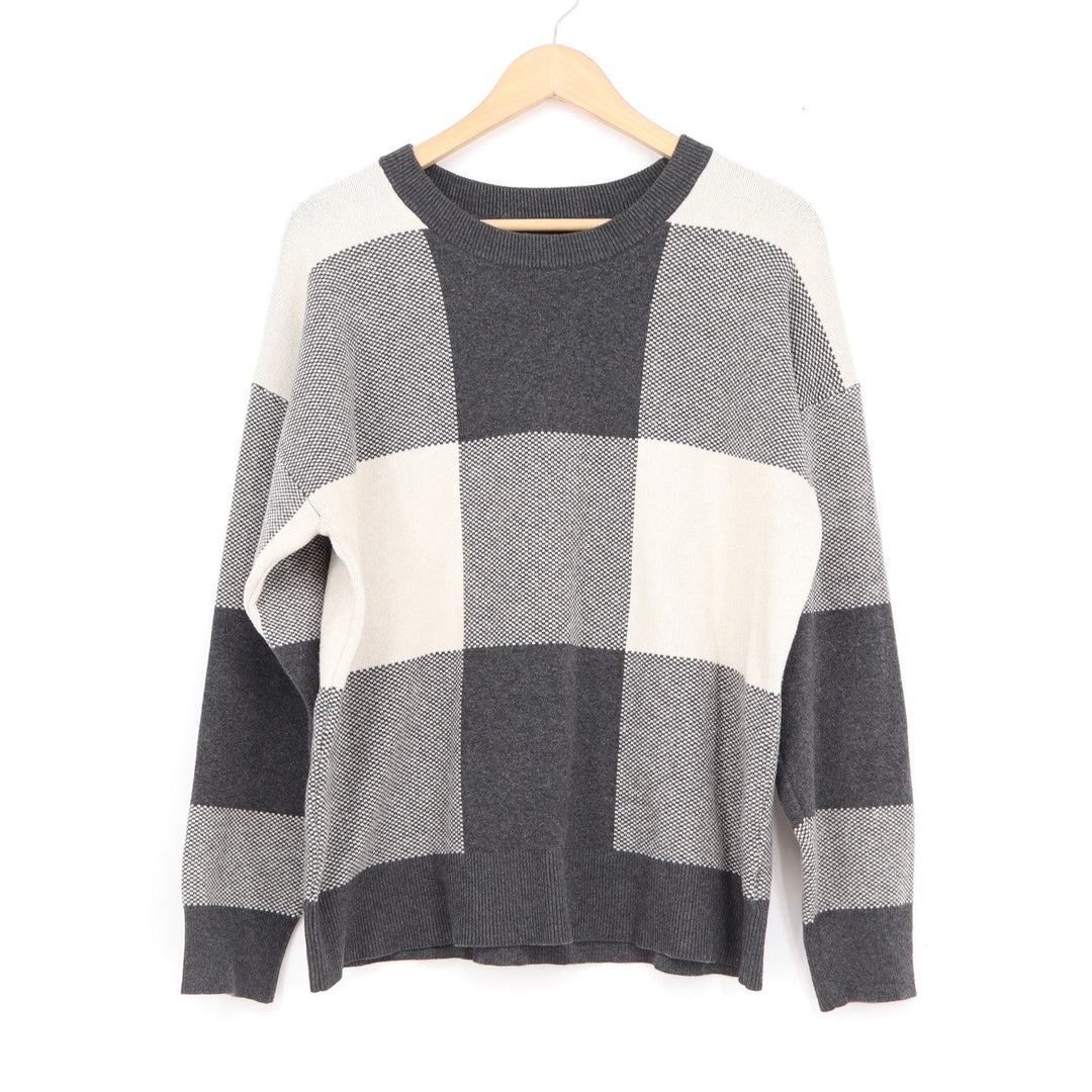 Tahari Womens XL Grey Cream Buffalo Plaid Crew Neck Knit Sweater