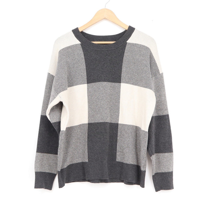 Tahari Womens XL Grey Cream Buffalo Plaid Crew Neck Knit Sweater