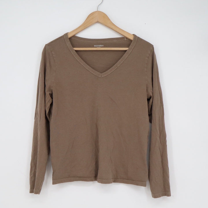 Old Navy Everywear Womens Medium Brown V-Neck Long Sleeve Cotton T-Shirt