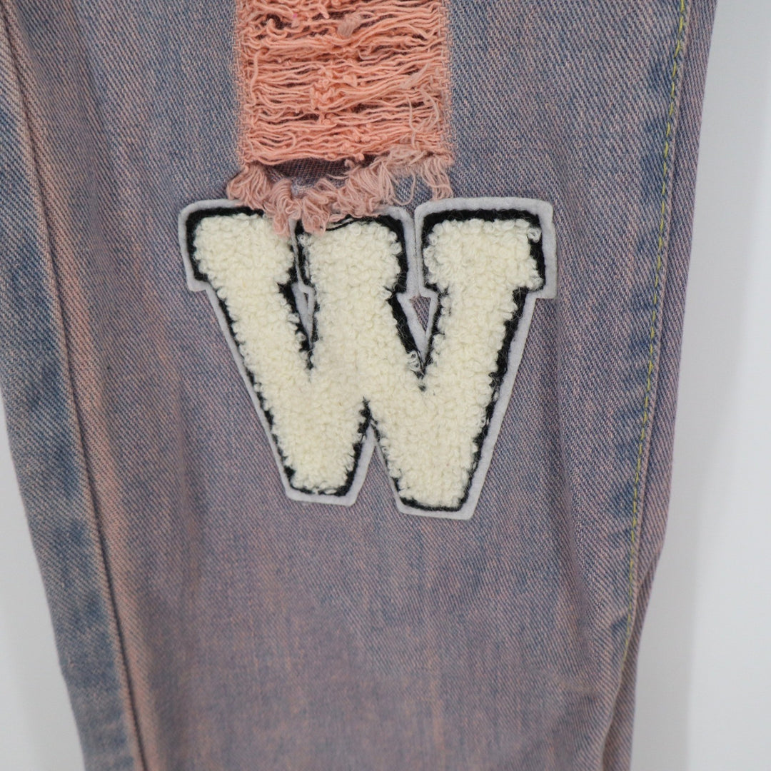 Pink Blue Ombre Distressed Jeans Teddy Bear Varsity Patch Streetwear Size 32