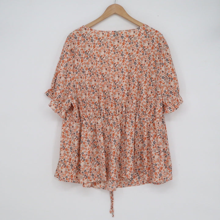 Shein Curve Womens 2XL Orange Floral Tie Front Peplum Blouse Flutter Sleeve Top