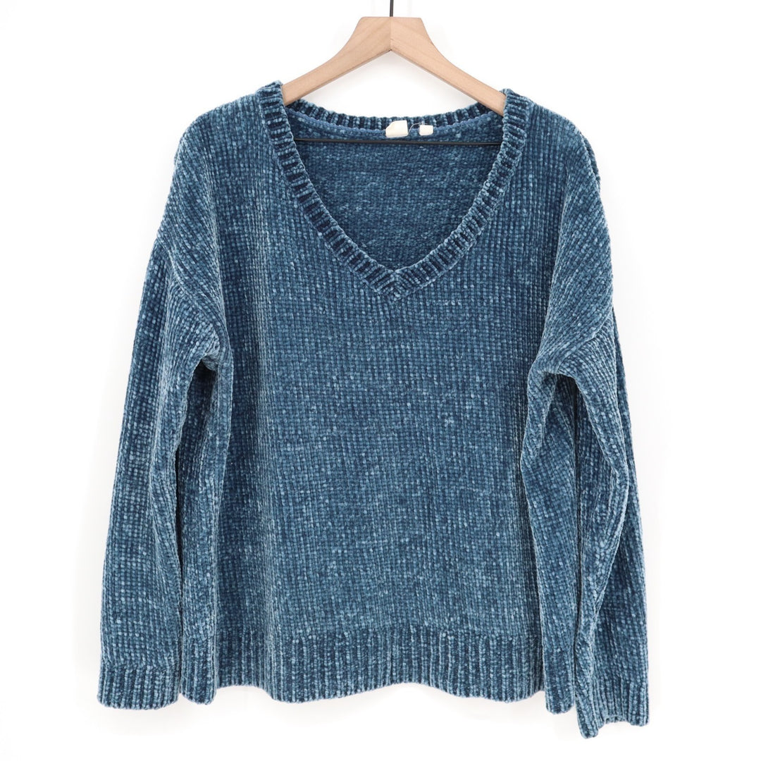 Gap Sweater Women XL Blue Velvet Chenille Long Sleeve Super Soft V-Neck Pullover